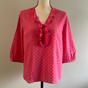 Talbots Pink Swiss Dot V-Ruffle Neck Blouse